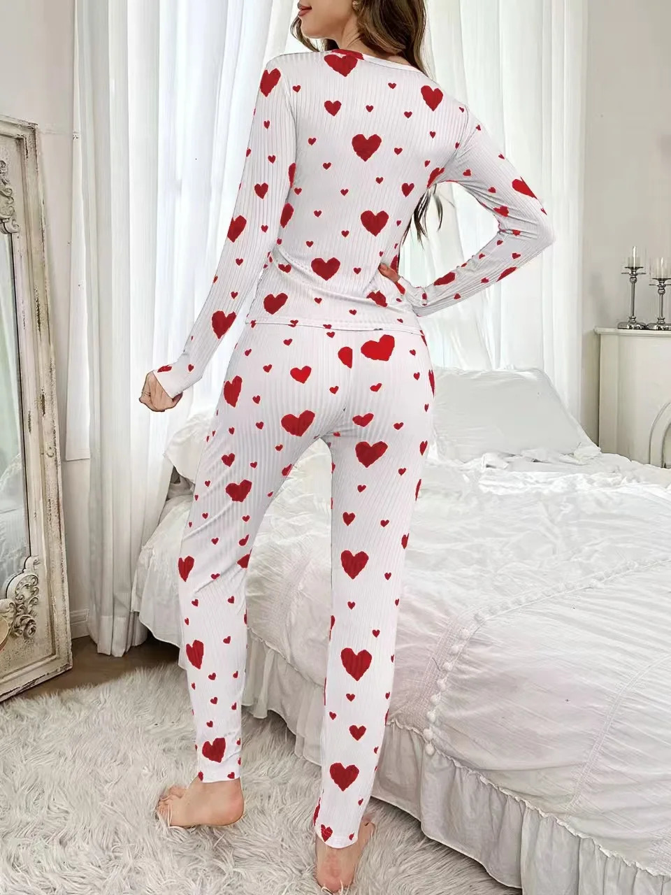 Womens Autumn Winter Pyjama Set Heart Print Long Sleeve Tshirt and Pants Loungewear Female Sleepwear 251029