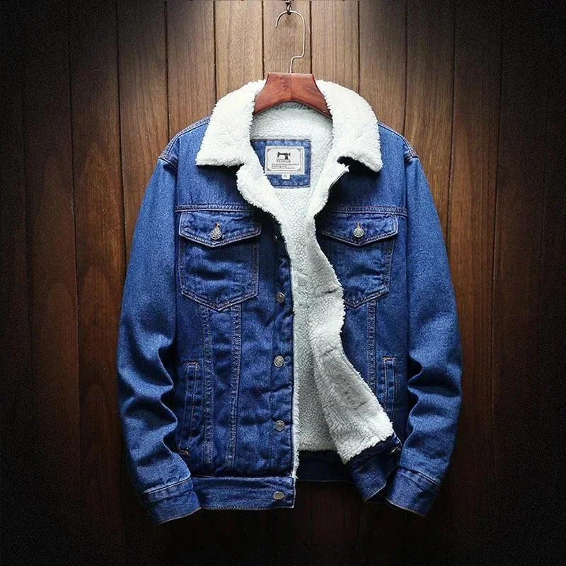 Denim Jackets Man Warm Padding Jeans Coat for Men Padded Black Wool Slim Fit with Sheep Fashion Winter Size L Trendy Large 251024