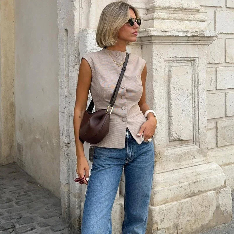 HXAO Womens Sleeveless Vest Top Plaid Woman Top Fashion Ladies Waistcoat Tanks Camis Outerwears Sleeveless Jacket Coat 251029