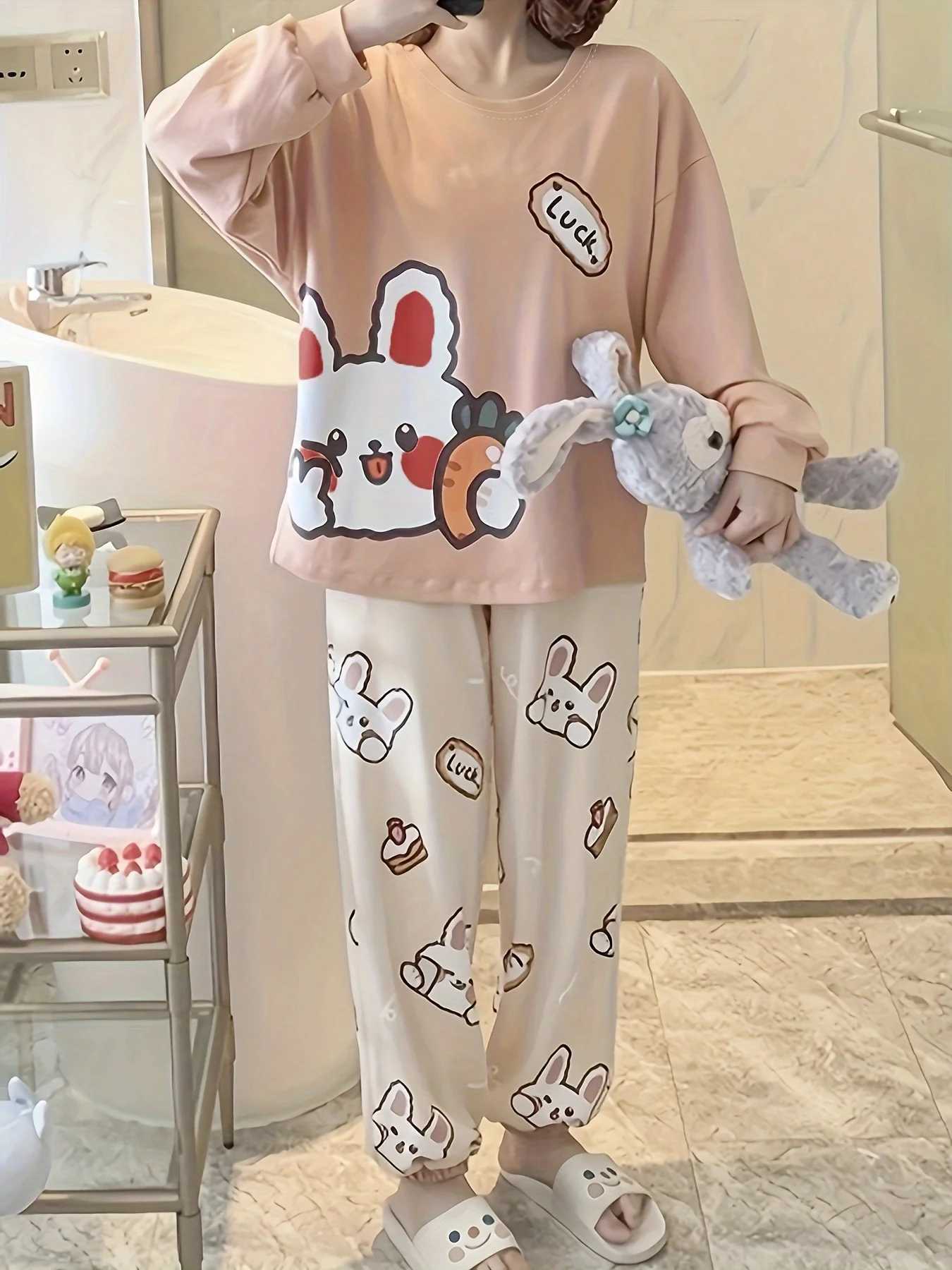 New Womens Pajama Set for Spring Autumn Winter Cute Rabbit Long Sleeve Cartoon Style Plus Size Suitable for Students T251029