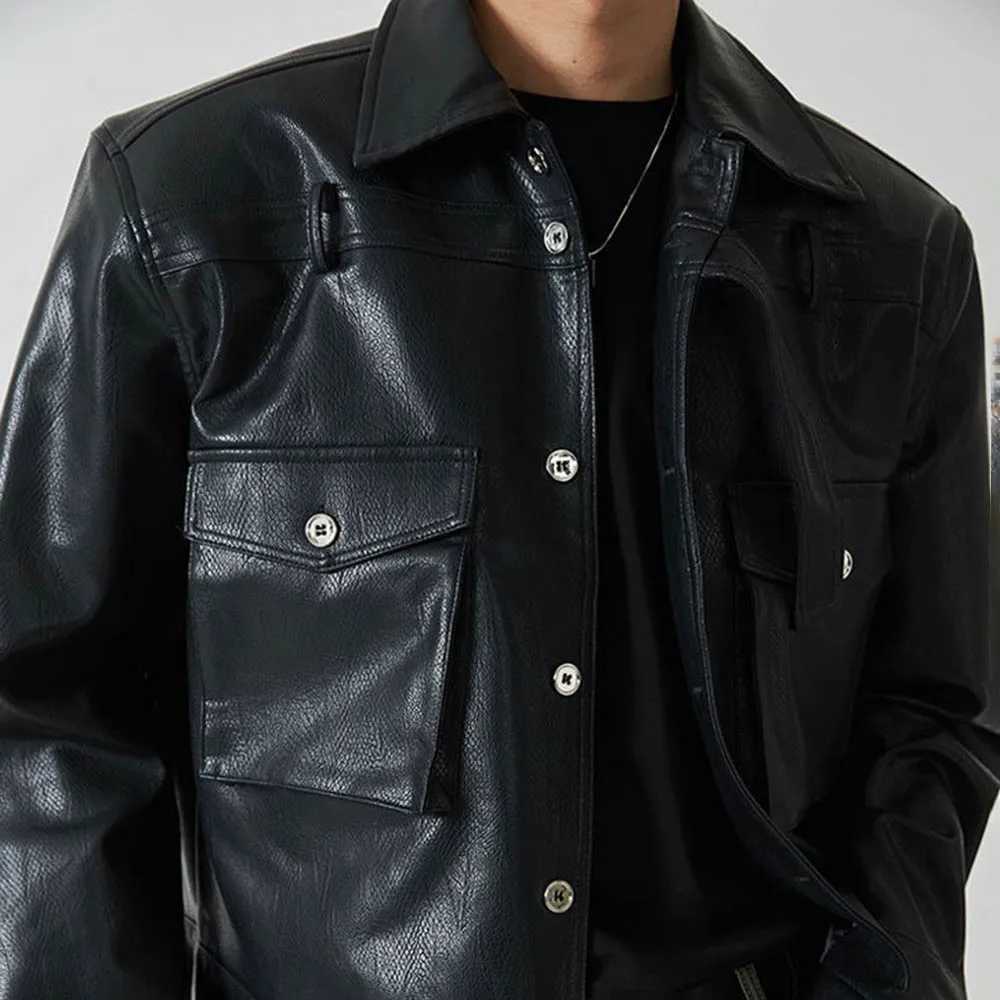 Mens Autumn Pu Leather Jacket Motorcycle Nightclub Shoulder Pad Coat Biker Streetwear Fashion Stage Performance Top MenS WearT251029