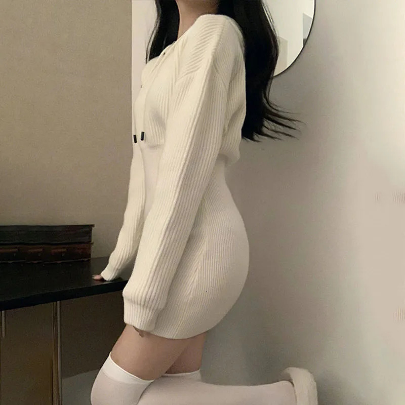 Sexy White Thicken Knit Mini Dress Woman Korean Elastic High Waist Bandage Dresses Women Hooded Outwear Long Sleeve Slim Dress 251029