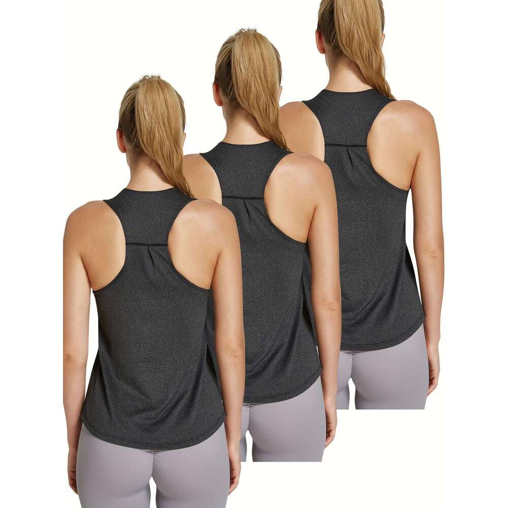 3Pcs Women's Quick-Dry Workout Tank - Sleeveless Racerback Fiess Shirts, Solid Color Athletic Training Tops For Gym, Yoga, Swimming All-Season We