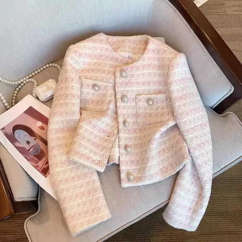 Vintage Tweed Women Coats Korean Elegant Hepburn Style O Neck Jacket Y2K Autumn Office Lady Pearl Button All Match Crop Outwear1 Y251105