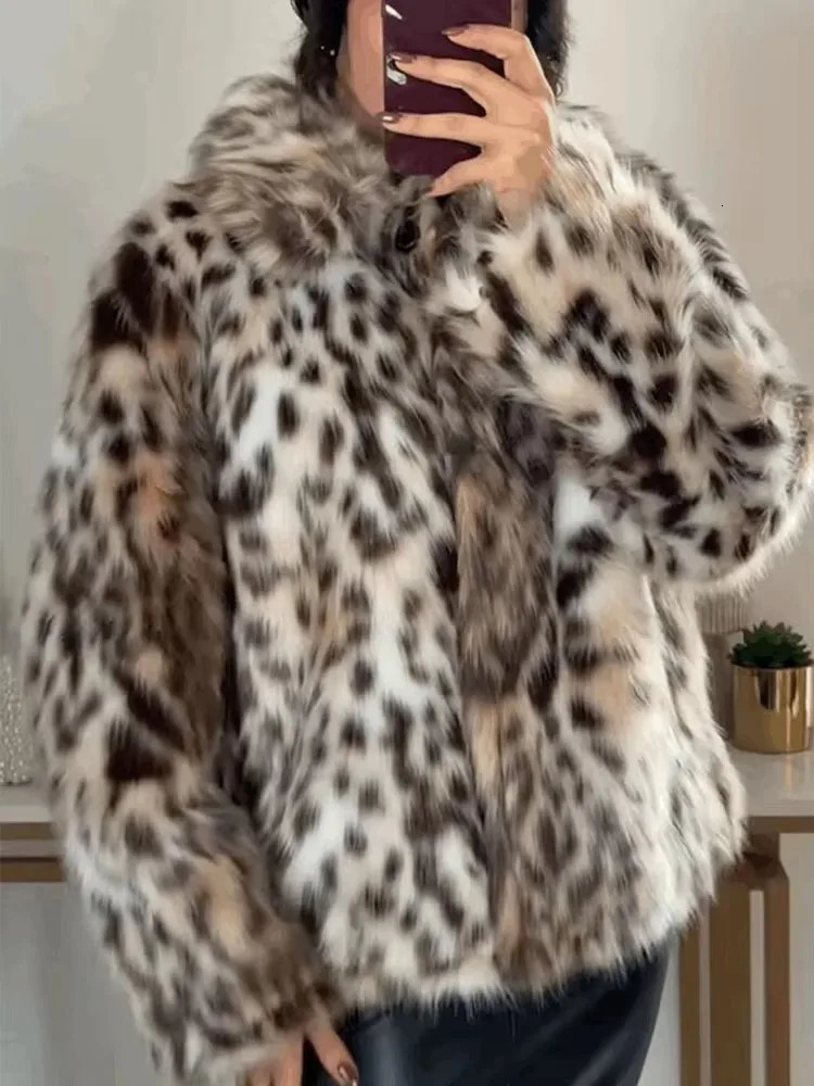 HH Woman Lapel Long Sleeves Side Pockets Casual Coat Women Winter Leopard Print Faux Fur Loose Slim Warm Mujer 251028