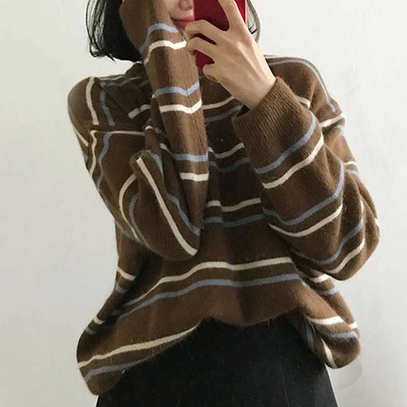 Women Pullovers CrewNeck Knitted Jumper New Student Striped Sweater Aesthetic Outfit J251029