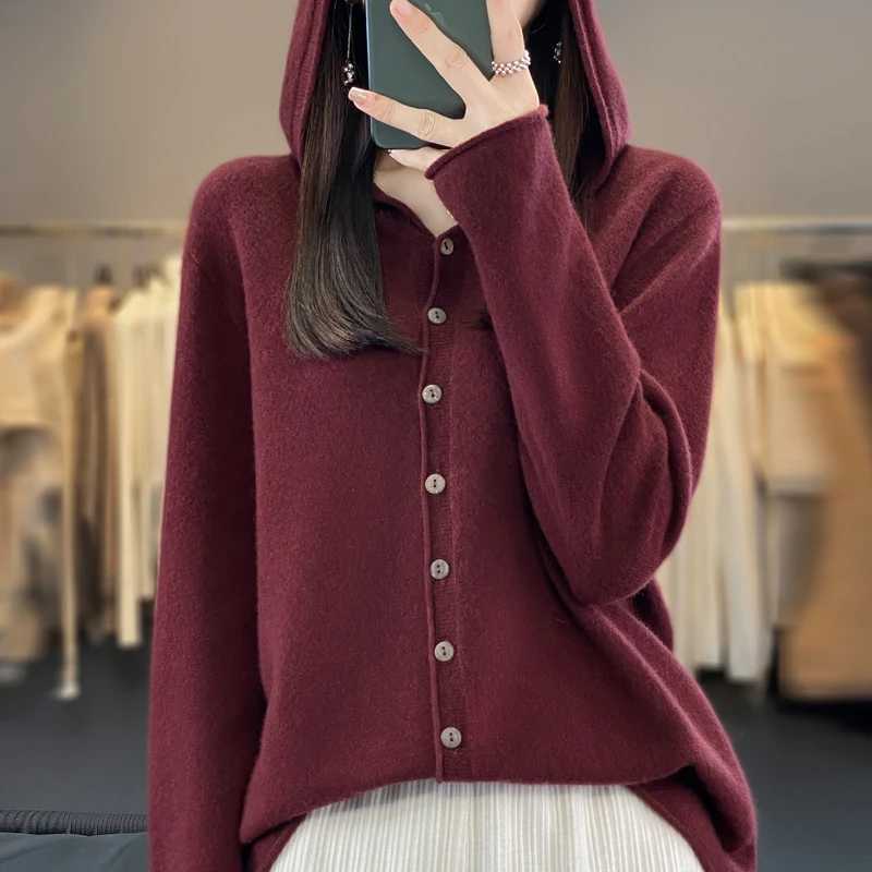 100 pure wool womens cardigan autumn and winter cashmere sweater womens casual knitted hooded top womens jacket fashionT251028
