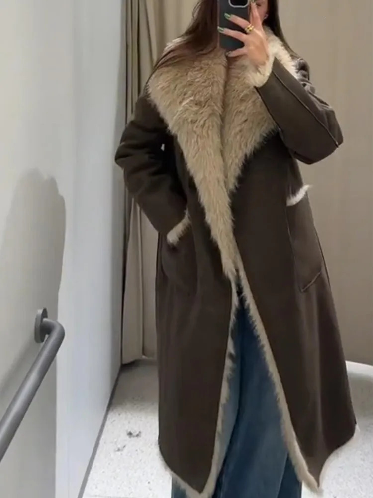 Double Sided Woolen Long Coat Fur Leather Patchwork Warm Thicken Lapel Wear On Both Sides Overcoat Women Fluffy Outwear Top 251028