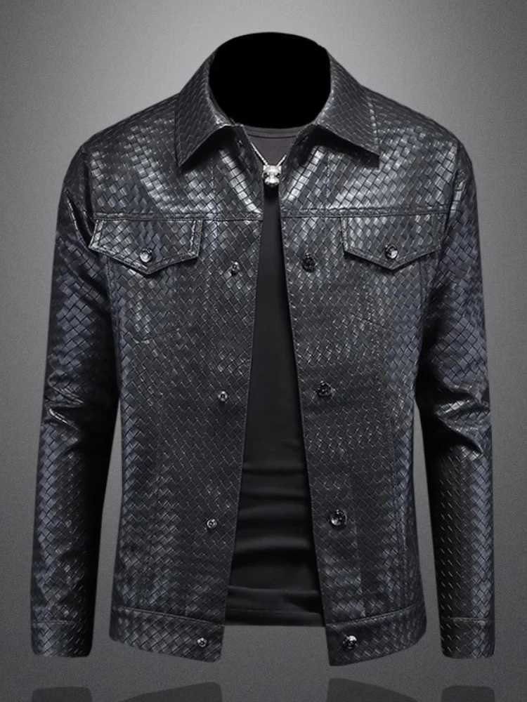 2025 New Plaid Embossed Faux Leather Motorcycle Jacket Mens Casual Autumn Coat 5XLT251029