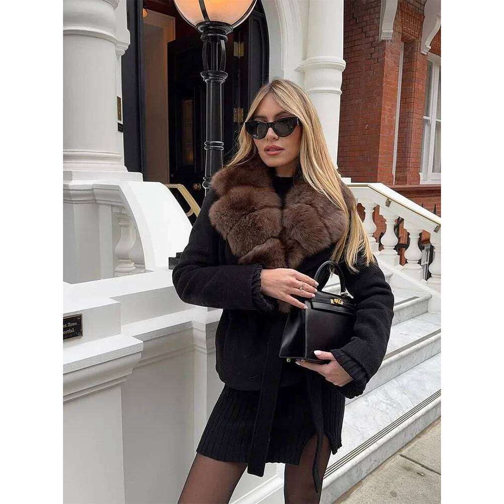 Solid Faux Fur Collar Woolen Overcoat Women Casual Full Sleeve Lace Up Short Jackets 2025 Lady Daily Outdoor Street Warm Coat