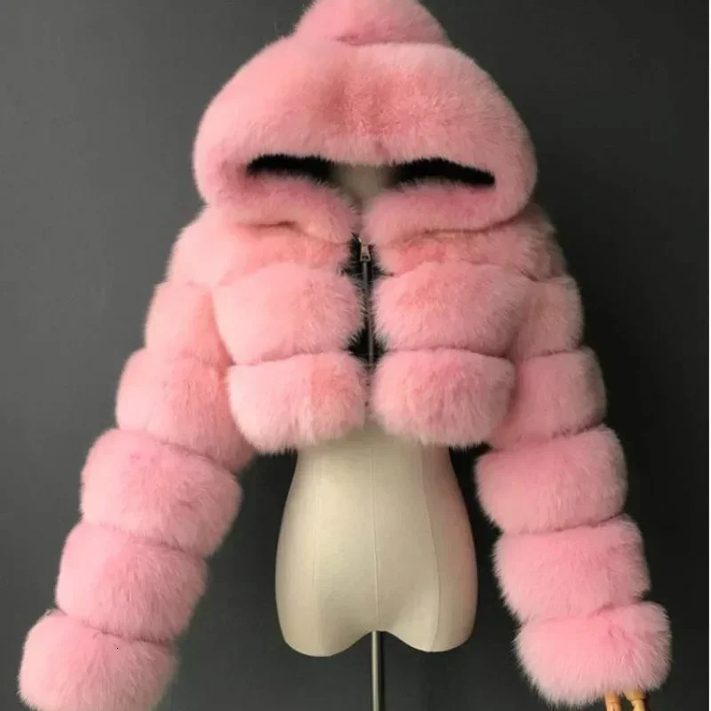 Winter Fashion Hooded Faux Fur Coats Women Warm Plus Size 8XL Furry Overcoat Female Elegant Plush Crop Jacket Mujer 251028