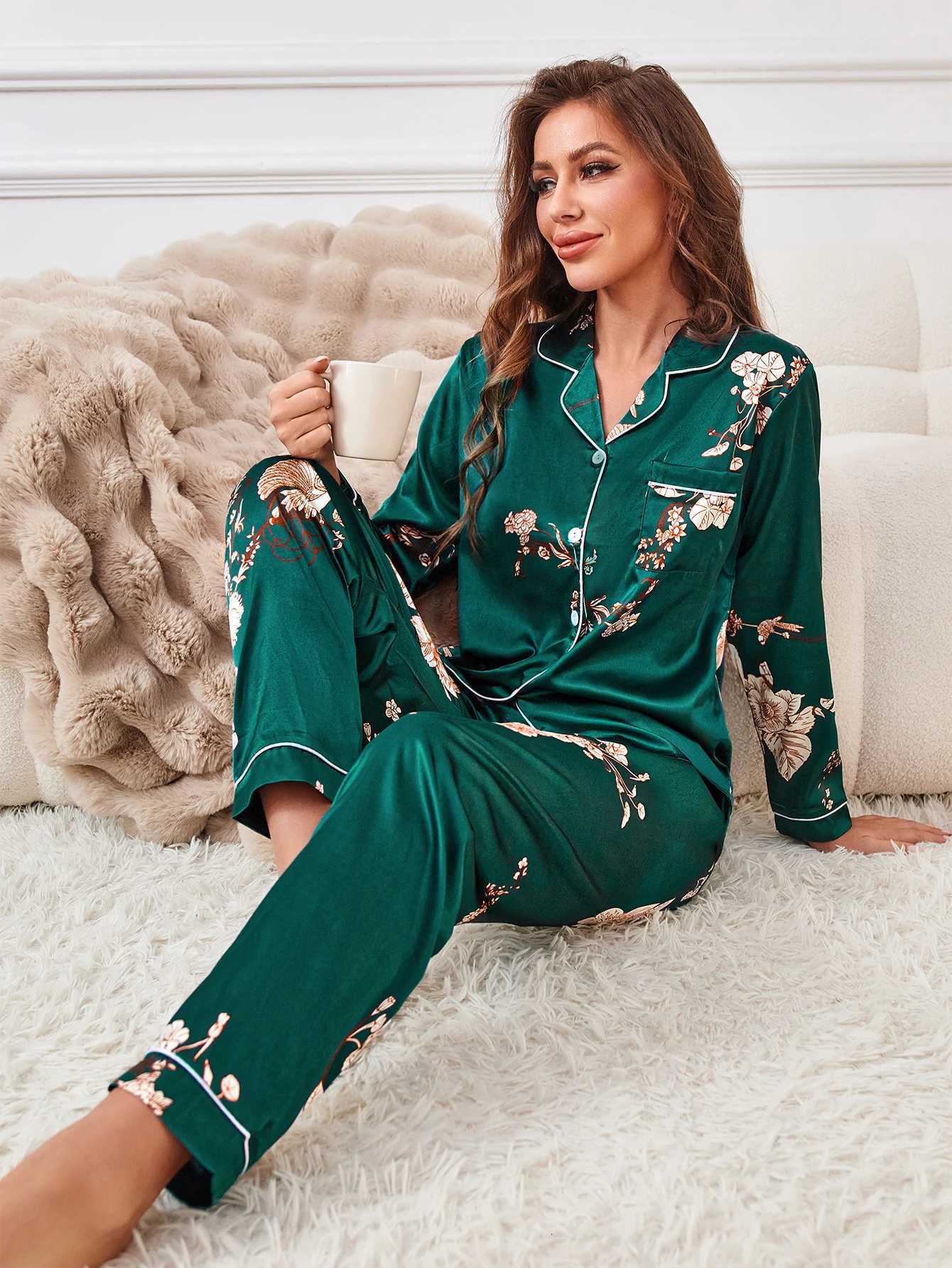 Floral Print Contrast Piping Satin Pajama SetWomens Sleepwear Loungewear Button Up Lapel Top Pants Pj SetT251029