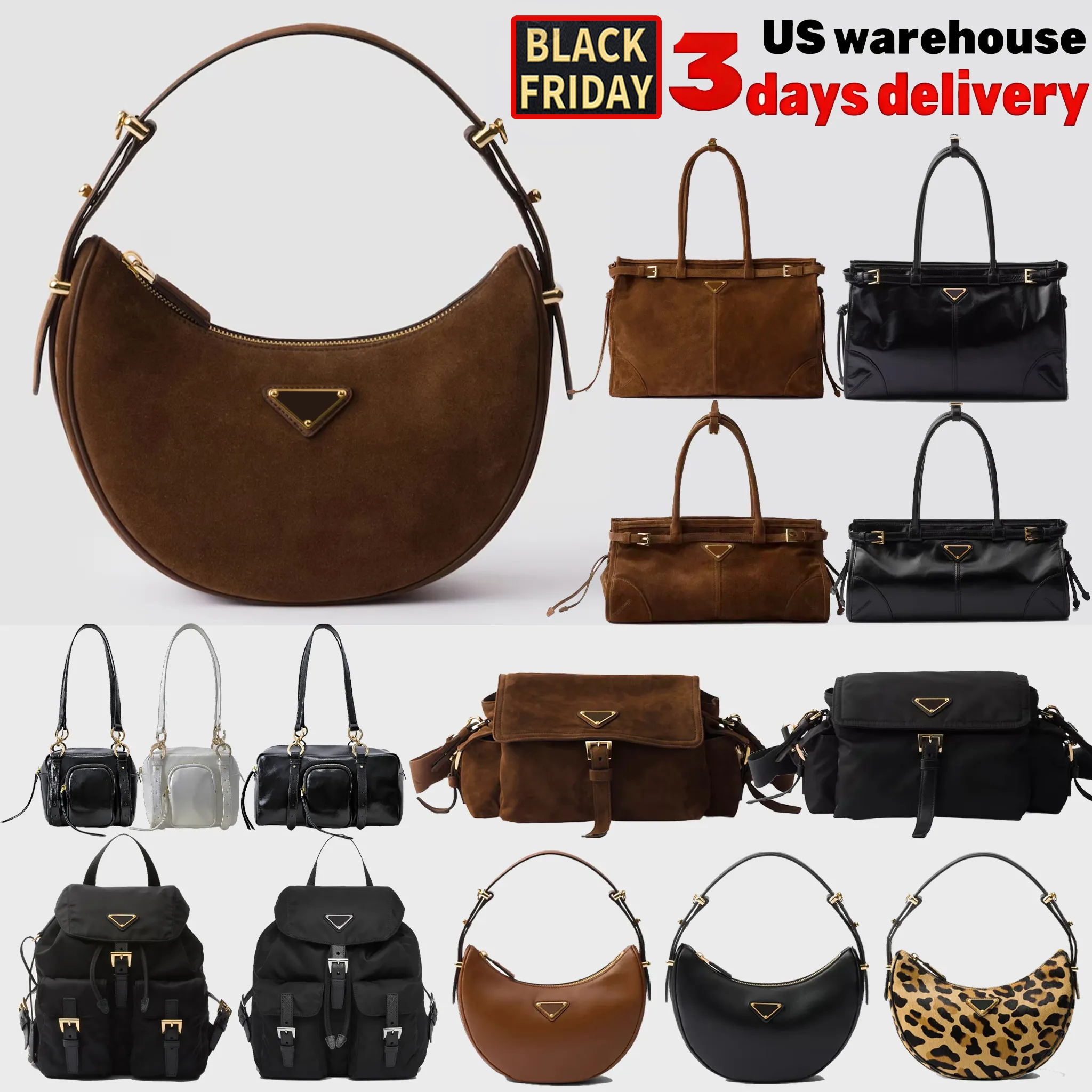 PRADR Suede Bag Luxury Designer bags Shoulder Bags Half moon bag Women tote bag High Quality handbag US Warehouse