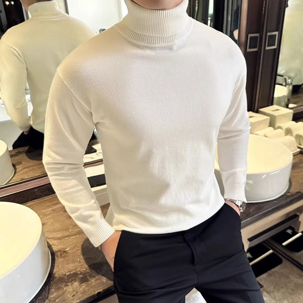 Korean Fashion Autumn Winter Sweaters Men Pullovers Fleece Turtleneck Knitted Sweatshirt Warm Bottoming Shirts 251029