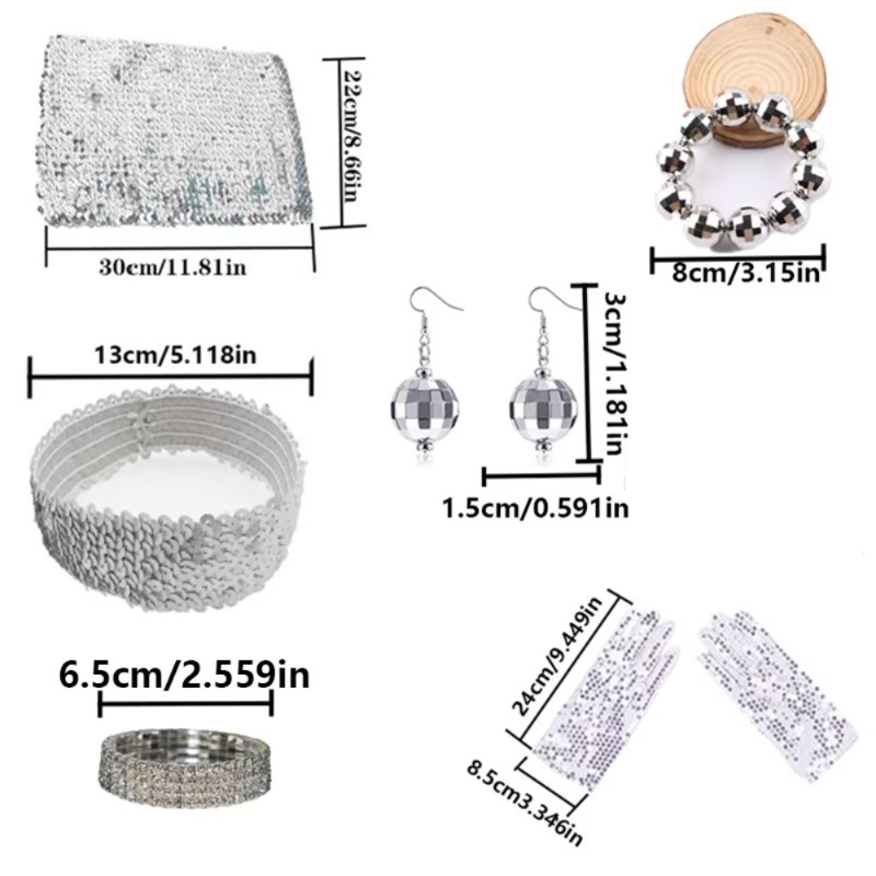 6 pieces of 1970s-style silver disco accessories collection: Sequined square, beaded bracelet, strapless, gloves, earrings, rhinestone bracelet