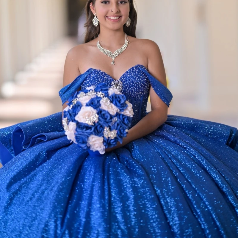Royal Blue Shiny Ball Gown Quinceanera Dresses Off The Shoulder Beads Bow Tull Party Birthday Sweet 16 Dress Vestidos 15 Anos