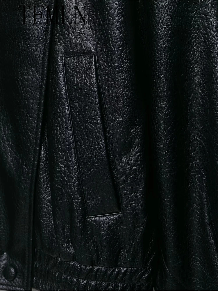 TFMLN 2025 Women Faux Leather Loose Jacket High Street Stand Collar Long Sleeve Coat Fashion Causal Zipper Outwear Autumn Winter 251029