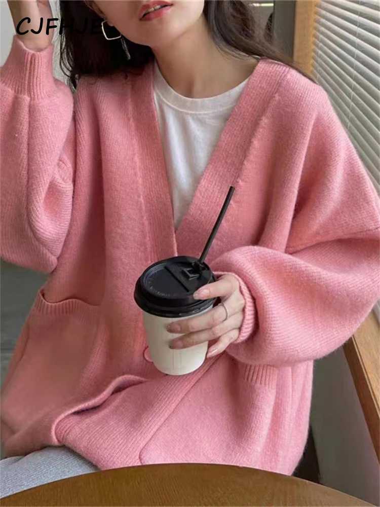 CJFHJE Beige Pockets Knitted Sweater Coats Women Loose Singlebreasted Vneck Purple Cardigan Female Autumn Casual Red CardigansT251028