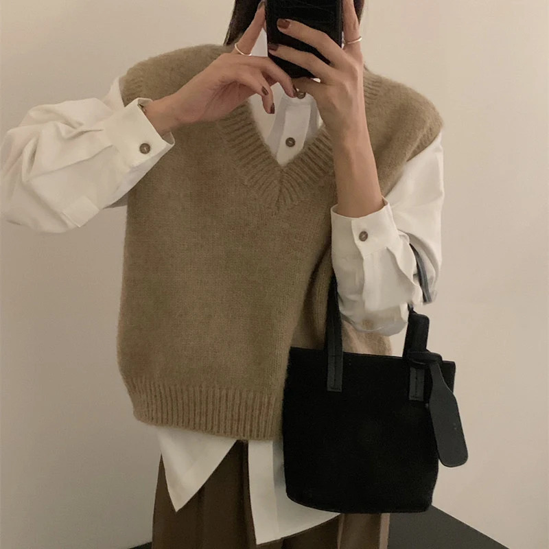 Sleeveless Autumn Winter Pullover Knitted Women Sweaters Vest Fashion V Neck Casual Loose Elegant Knitwear Bottoming Tops 251029