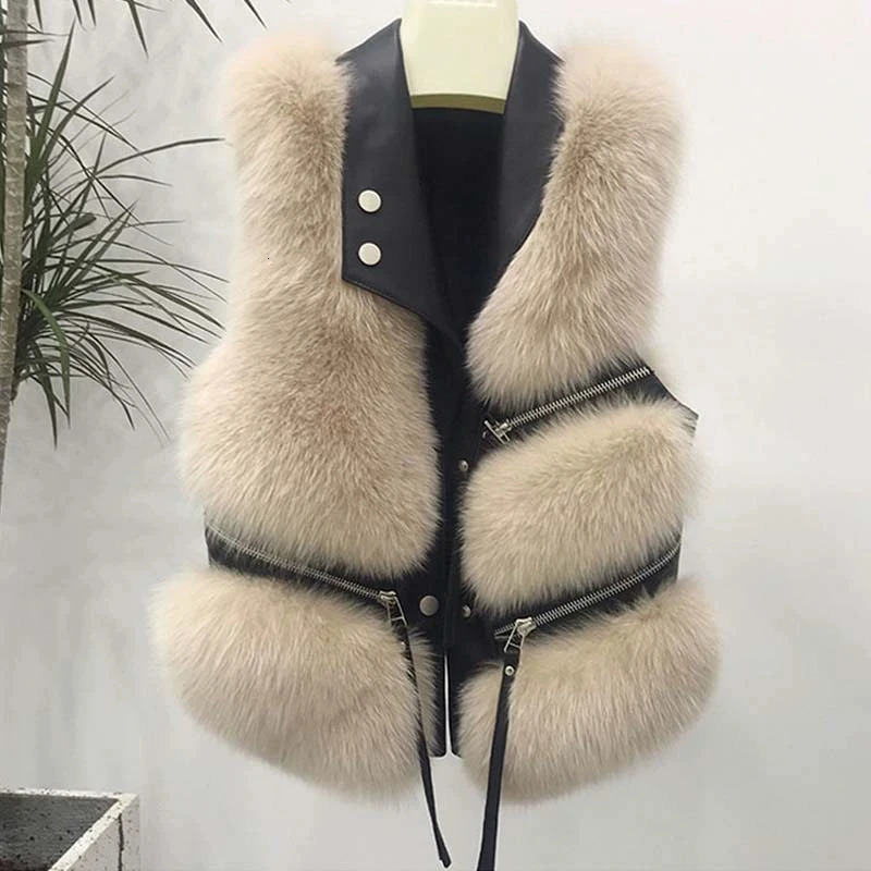 Autumn Winter Splicing Fox Fur Grass Vest Women Short Jacket Fashion Versatile Sleeveless Lady Waistcoat Coat 251027