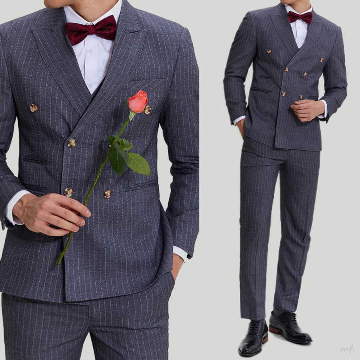 Classic Stripe Men Suit 2 Pieces Jacket Pants Double Breasted Peak Lapel Slim Fit Male Clothing Formal Occasion Business Customized