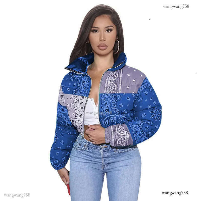 Ladies Designer Puffer Jackets, Women's Cropped Down Parka: Stylish Bandana Print Bubble Coat for Winter Fashion