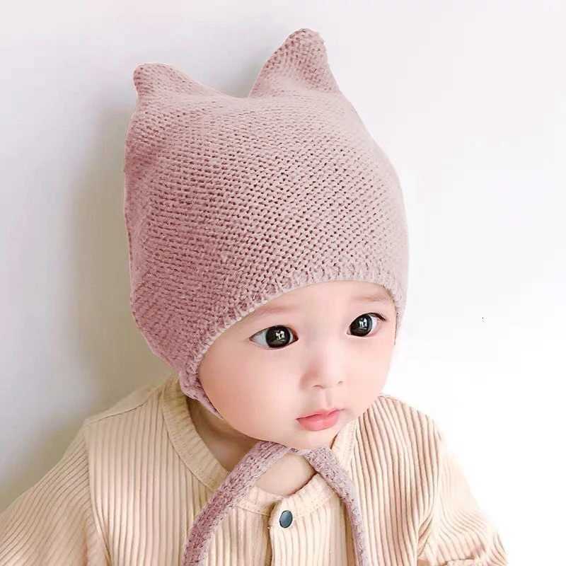 Cute Baby Ear Protection Hat Solid Color Infant Knitted Woolen Hat 624M Kids Winter Warm Tie Headgear Korean Children Beanies251028