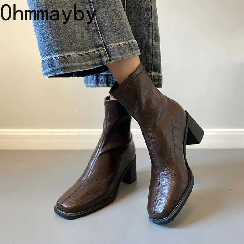 Autumn Vintage Elastic Slim Women Ankle Boots Fashion Soft Leather Shoes Ladies Elegant Thick Heel Mordern Short Booties Z251029