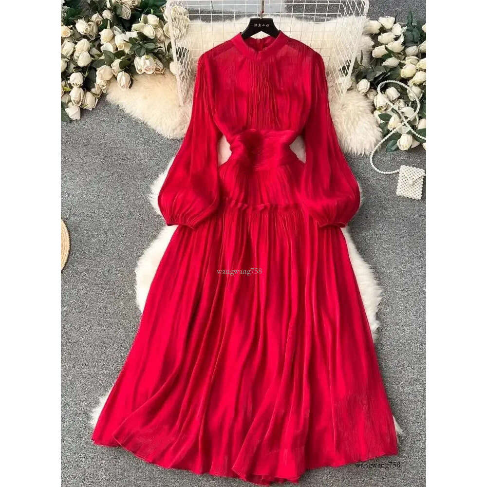 French Folds Wedding Formal Occasion Dresses For Womens Stand Puff Sleeve Chic A-Line Pleated Shine Robe Clothes Holiday 240929