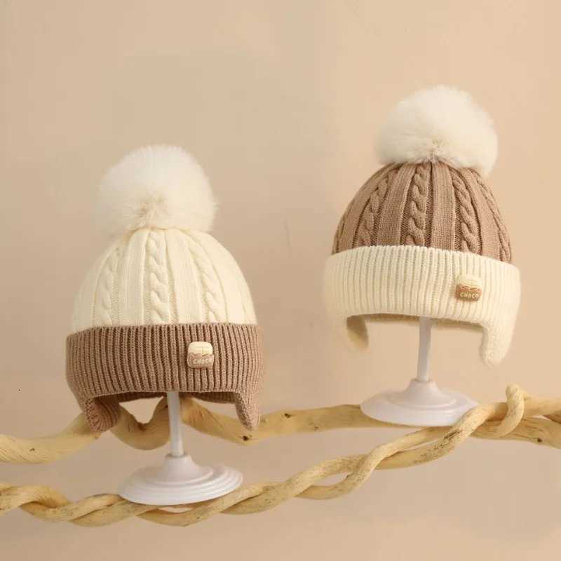1 Piece Warm Baby Beanie for Boy Girl Beige Coffee Color Cartoon Flap Crochet Bonnet for Toddler Autumn Winter Knitted Hat251028