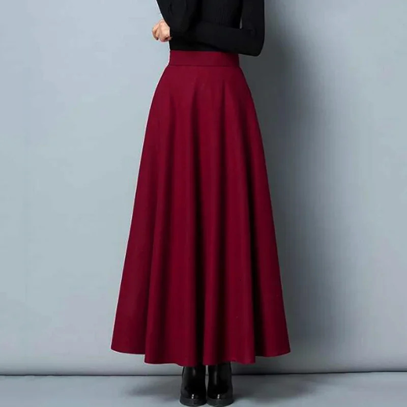 SMVP Winter Womens Long Woolen Skirt Elegant High Waist Wool A Line Skirts Female Casual Thick Warm Pocket Maxi Skirts Lady 251028