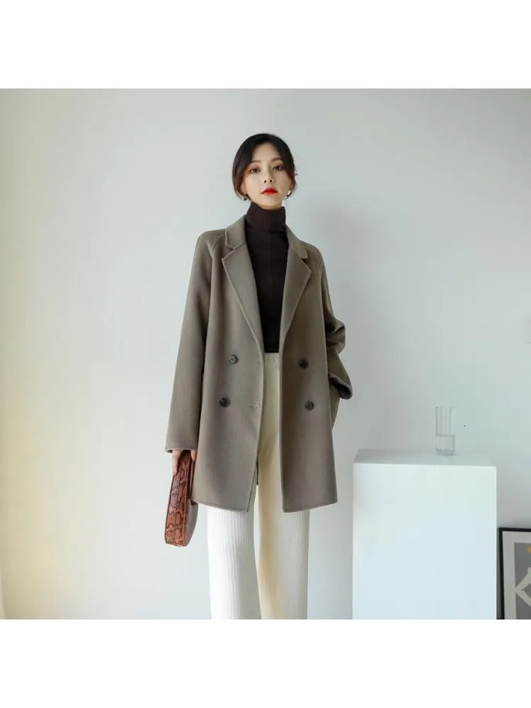 Autumn Korean Style Double Breasted Simple Black 100 Wool Coat Women Long Loose Suit Woolen Overcoat Jacket 251028