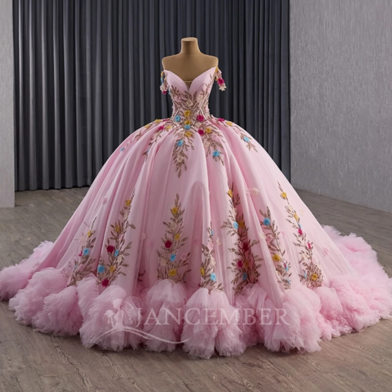 Pink Shiny Ball Gown Quinceanera Dresses Off The Shoulder Sequin Applique Flower Beads Tiered Tull Party Birthday Sweet 16 Dress Vestidos 15 Anos