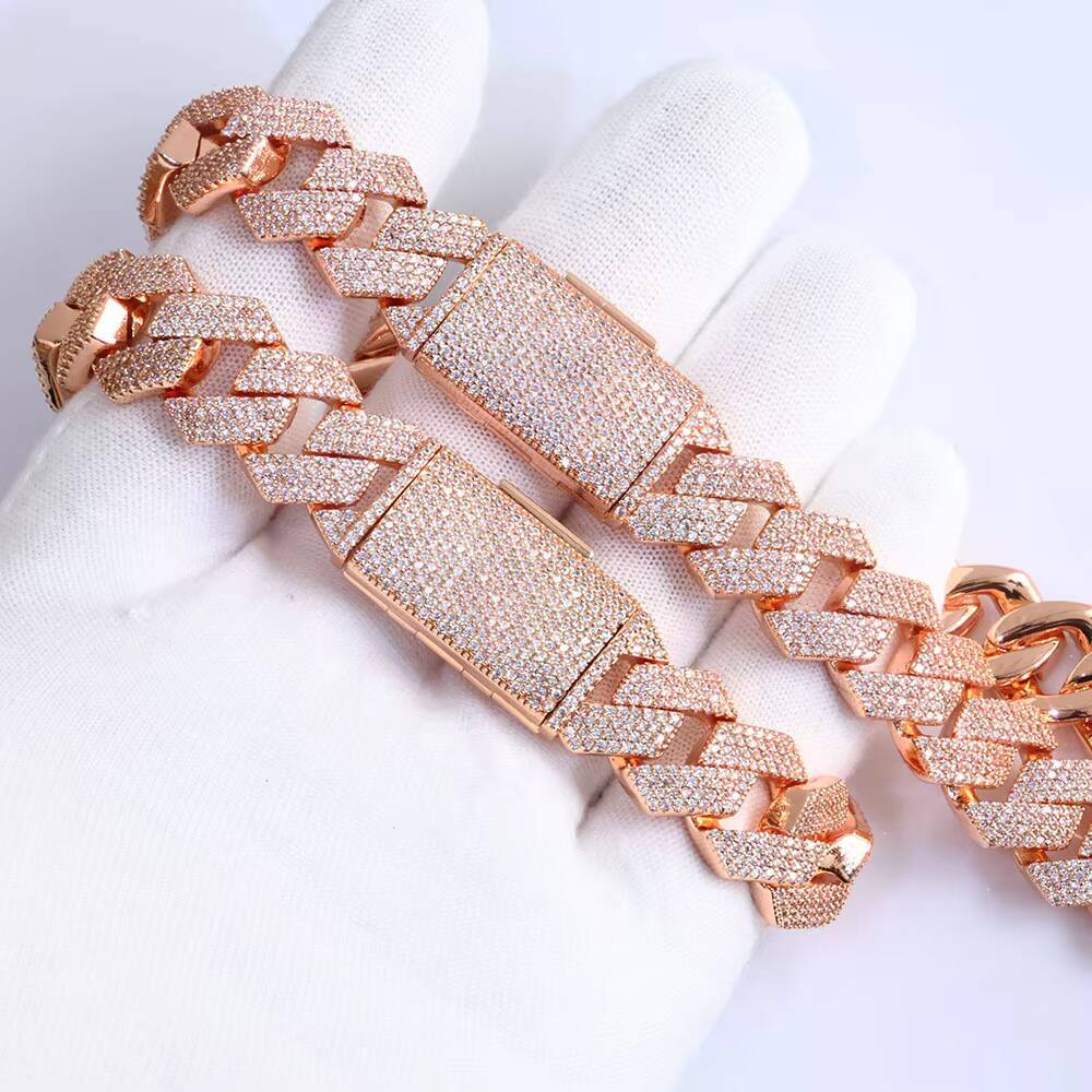 Moissanite VVS necklace Premium 15mm 4 Row Miami Cuban Link Chain Bracelet Rose Gold Plated Iced Out Stones Prong Set Hip Hop Jewelry