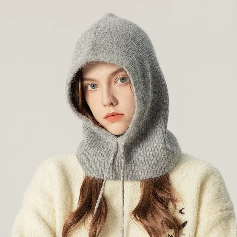 Rabbit Fur Knitted Scarf Hood Balaclava Women Cashmere Beanies Winter Unisex Warm Skiing Hat Outdoor Ear Protection Bonnet 251029