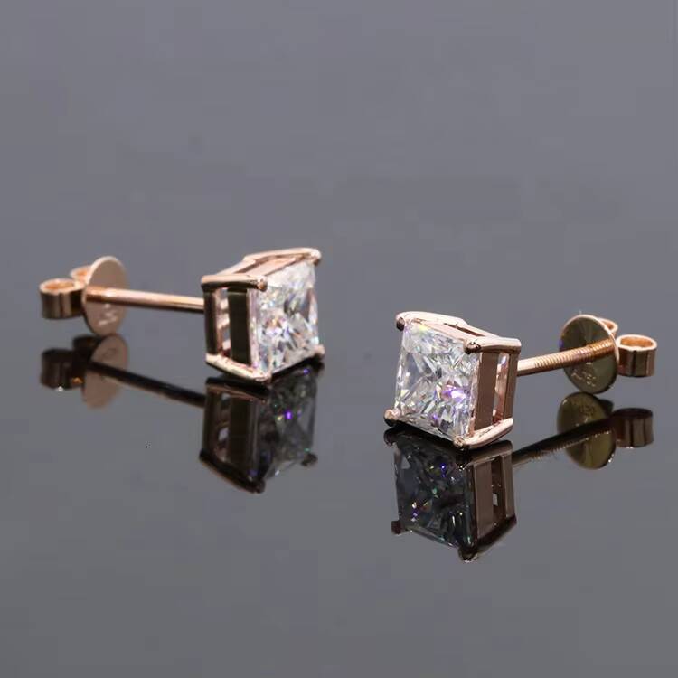 Free Shipping Fine Jewelry Two Carat Princess Cut Moissanite Gemstone 14k Rose Gold Screw Back Stud Earring