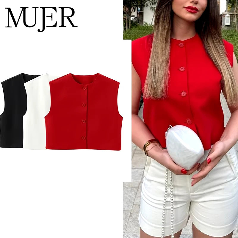 MUJER Red Sleeveless Vest Woman Button Black White Cropped Vest Women Summer Casual Short Coats Waistcoat Womens Fashion Vests 251029
