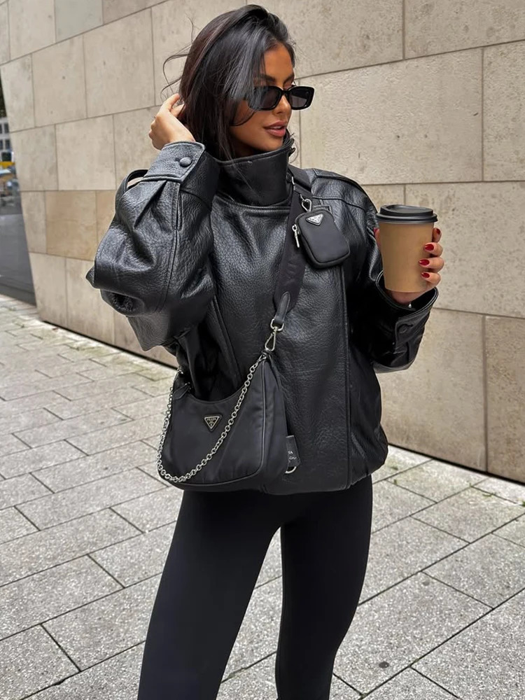 Trendix Solid Leather Moto Jacket For Women 2025 Winter Turtleneck Retro Coats Fashion Asymmetry Elegant Vintage PU Jackets 251029