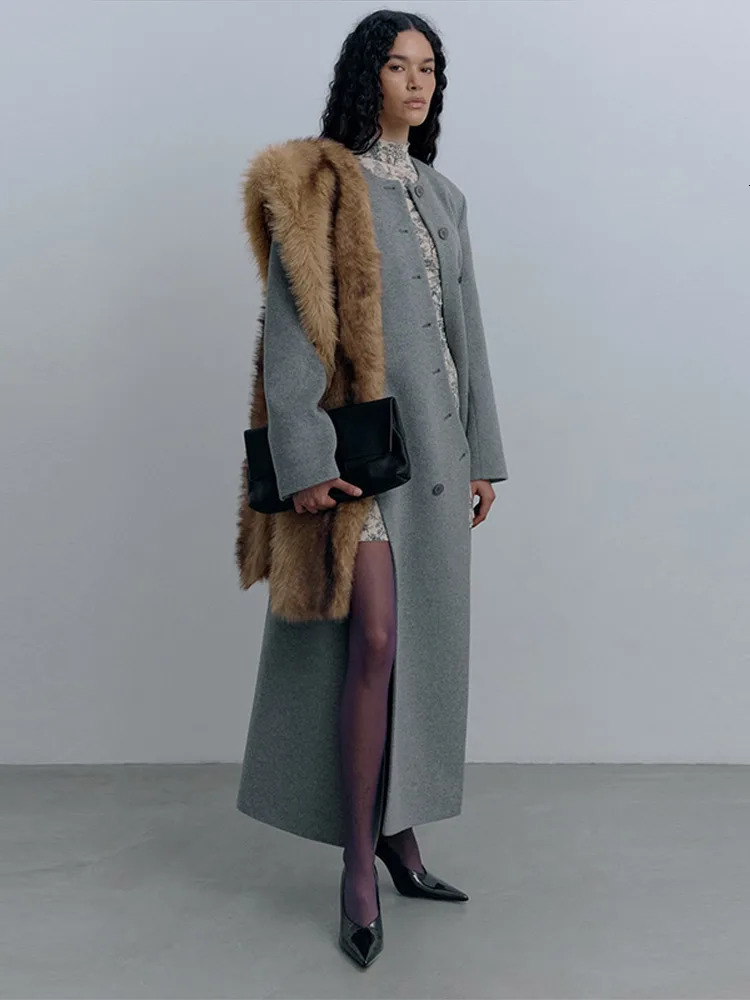 Womens Long Grey Woollen Coat Oneck Full Sleeve Asymmetric Button n Elegant Silhouette Warm Outerwear Autumn 251028