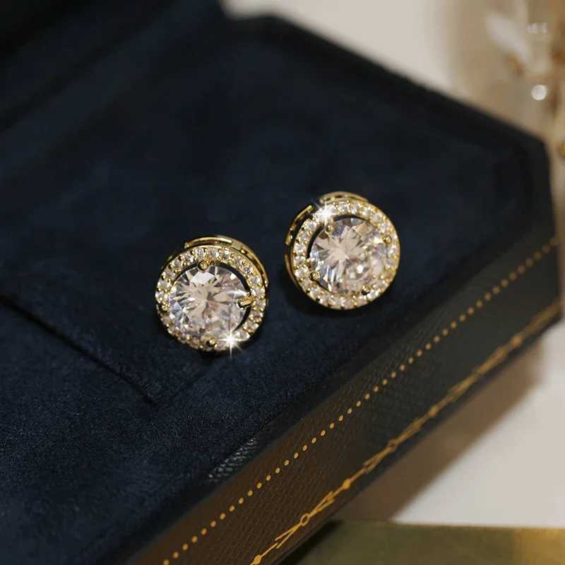 Luxury Crystal White Zircon Stud Earrings Simple Yellow Gold Color Round Vintage Wedding Jewelry For WomenW251029