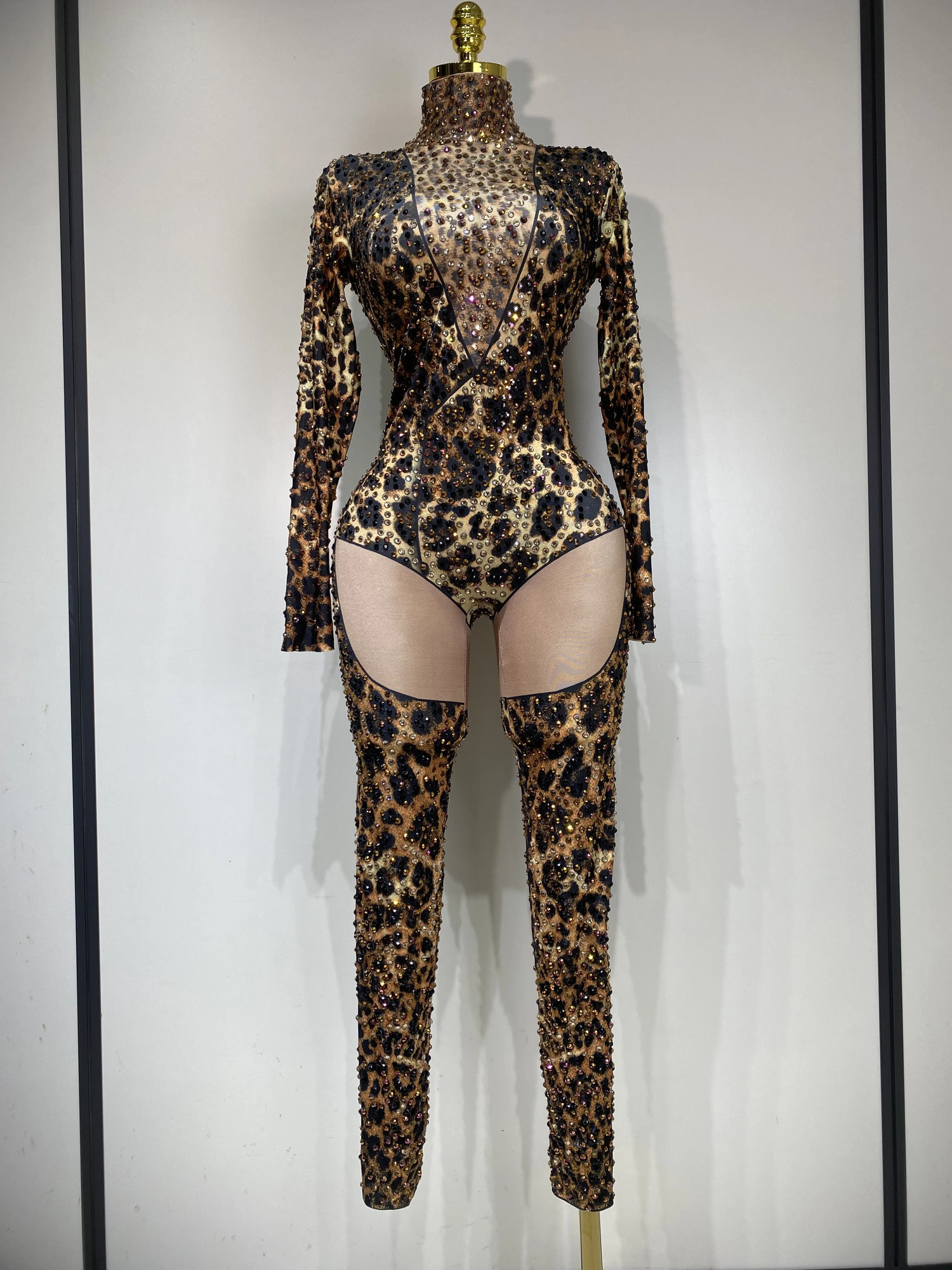 Women Stretch Leopard Print Sexy Bodycon Jumpsuit Bar Nightclub Singer Dancer y Diamond Stage Performance Outfit 251027