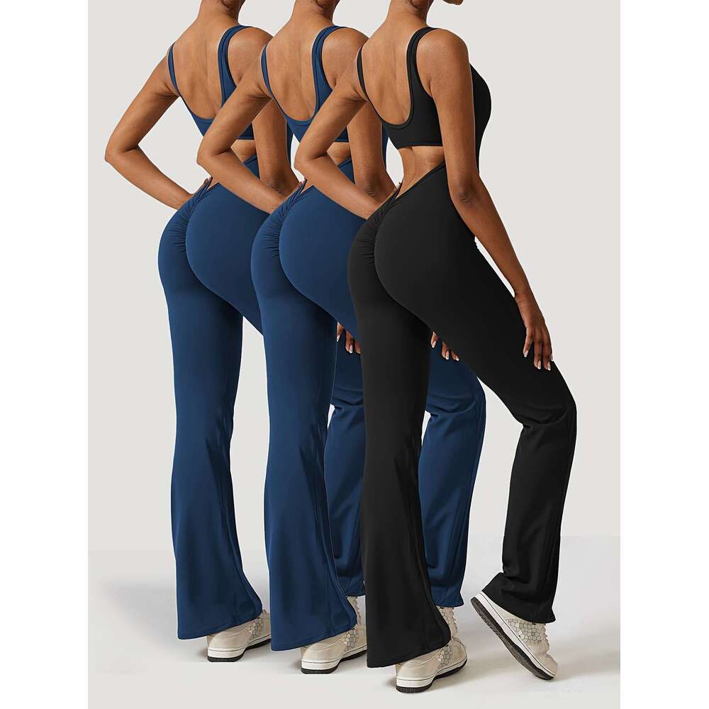 3Pcs Flattering Solid Color Cut-Out Backless Yoga Bodysuit Jumpsuit Women's Activewear With Chest Pad Flared Gym Pants - Comfortable And Breathab
