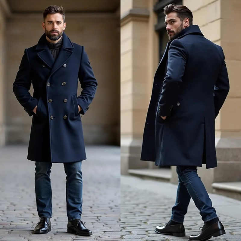 Classic Men's Overcoat Double-Breasted Wool Blend Long Coat Autumn Winter Street Fashion Outdoor Warm Customized trajes para hombre
