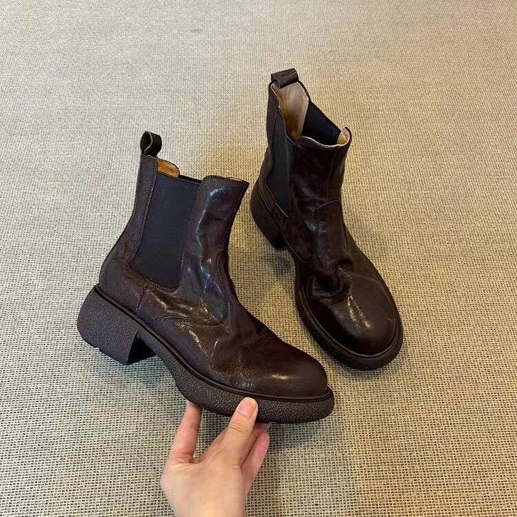 Genuine Leather Women's Autumn Winter New Thick Designer Shoe Sole Martin Textured Trendy Chelsea Short Boots