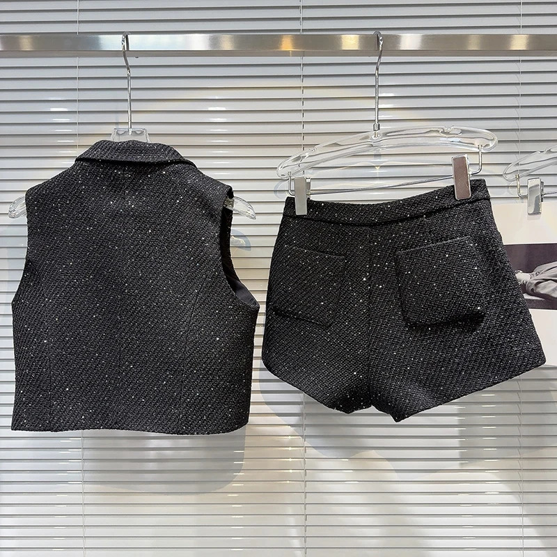 French Singlebreasted Sequined Woven Short Vest Women Diamondencrusted Shorts Twopiece Set Temperament Socialite Party Sets 251029