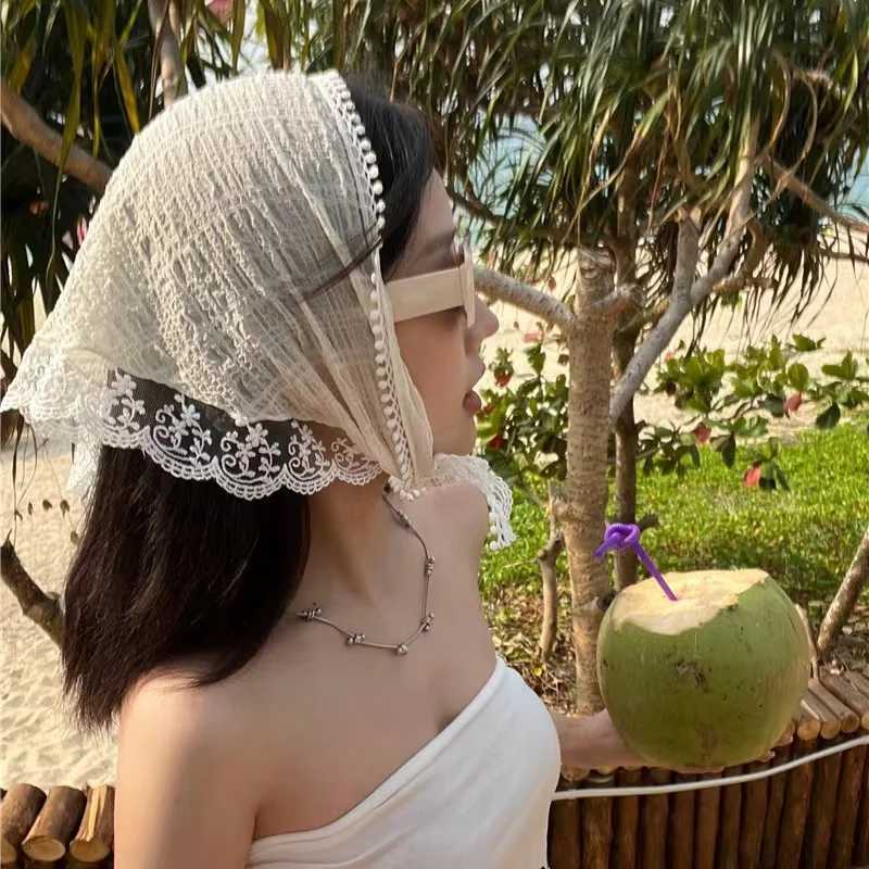 Korean Ins Lace Hair Scarf Women Retro Triangle Hair Band Strap Hair Bag Headscarf Hat Travel Photo Headband Turban AccessorieW251028