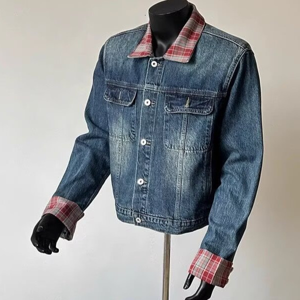 American Style Plaid Color-block Collar Denim Jacket For Men National Trend High Street Design With Shoulder Pads Cool Short Designer Jacket Turndown 