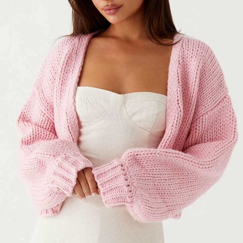 Combhasaki Women Fall Winter Chic Knitted Sweater Cardigan Tops Lantern Long Sleeve Open Front Solid Color Cropped Knitwear CoatT251028