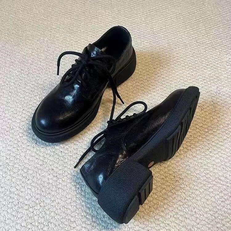 Round Toe British Style Lace-up Genuine Leather Thick Designer Shoe Black Commuter Loafers Chunky Heel Single Shoes for Women