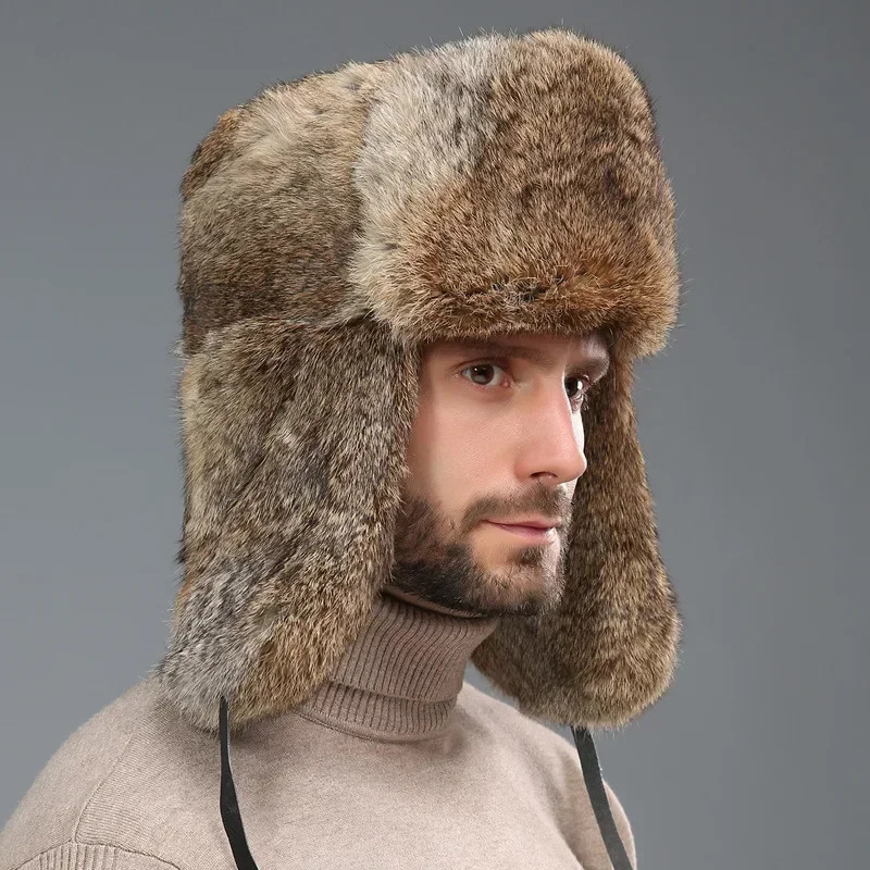 Winter Russian Man Woman Wholeskin Faux Rex Rabbit Fur Hats Faux Sheep Skin Leather Cap Fur Bomber Hat Ushanka Hats 251029